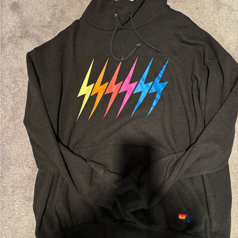 Aviator Nation Black Hoodie with Colorful Lightning Bolts